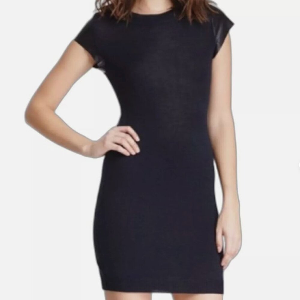 Susana Monaco Bodycon Mini Dress Black Knit Leather Cap Sleeve Sz XS $198